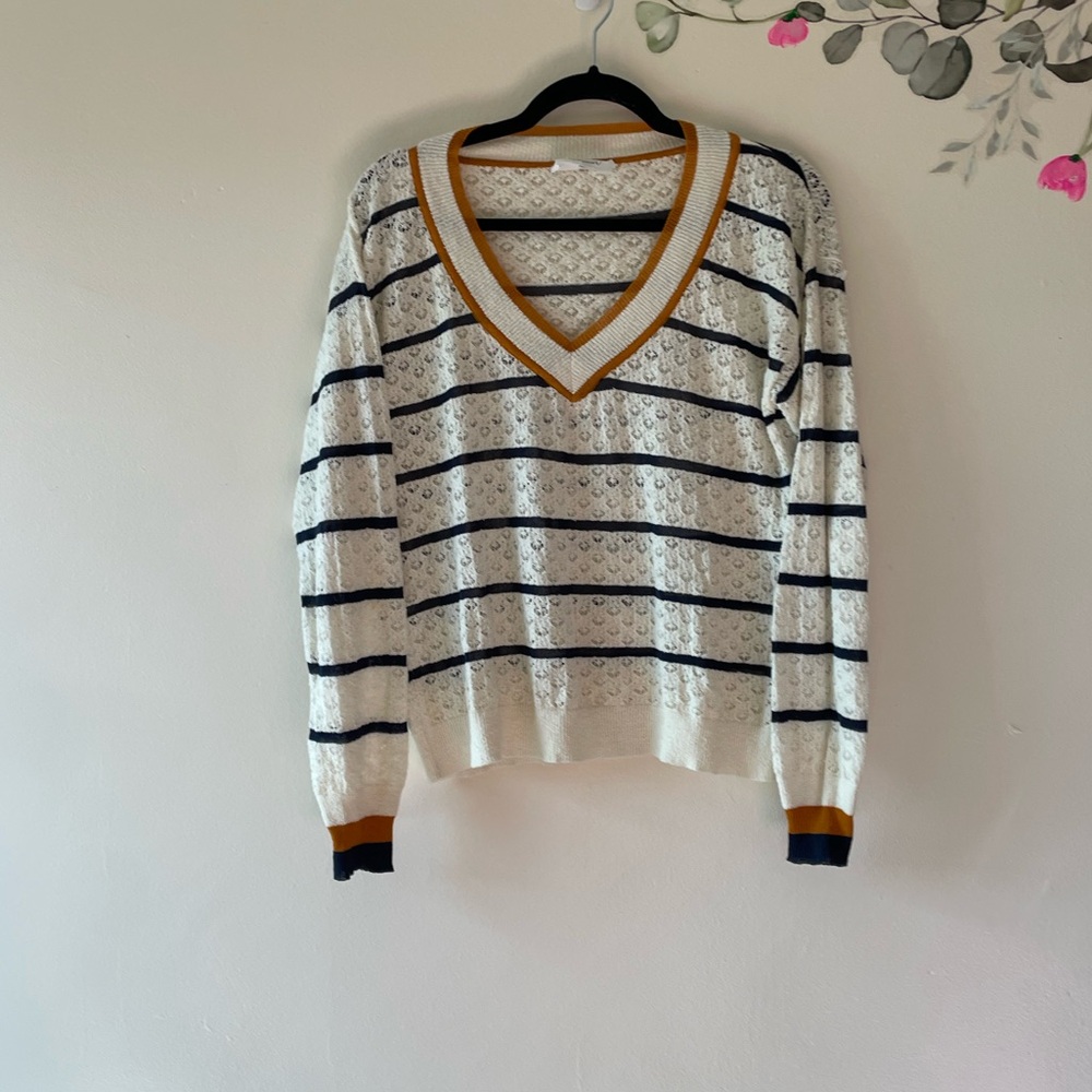 Sita Murt V-Neck Striped Lace Knit Sweater, US Size 10 - Picture 5 of 12